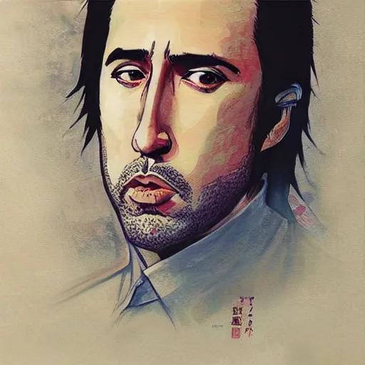 Prompt: beautiful amazing anime portrait painting of nicholas cage in tokyo. by satoshi kon, hayao miyazaki, kuvshinov ilya, lariennechan, aokamei