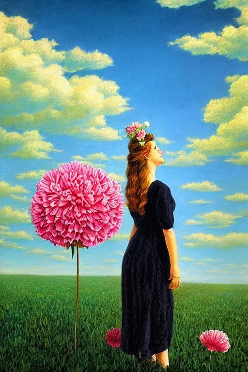 Image similar to giant carnation flower head, woman standing, surreal, clouds in sky, impressionist painting, digital painting, artstation, rob gonsalves