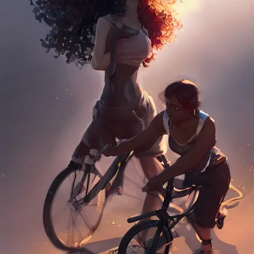 Prompt: short woman dark skin, black hair, pony tail with a old cicycle by Stanley Artgerm Lau, WLOP, Rossdraws, James Jean, Andrei Riabovitchev, Marc Simonetti, Yoshitaka Amano, ArtStation, CGSociety