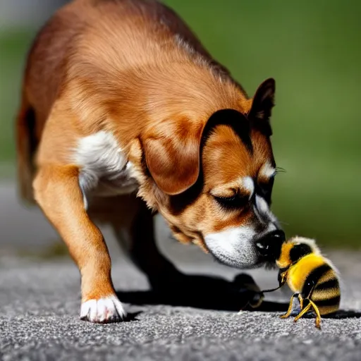 Prompt: a dog stepping on a large visible bee