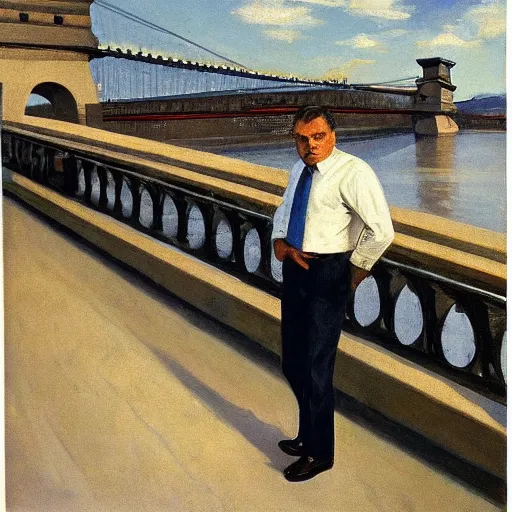 Prompt: viktor orban with highly detailed face standing on the bank of danube river, looking at the destroyed chain bridge in budapest, by edward hopper