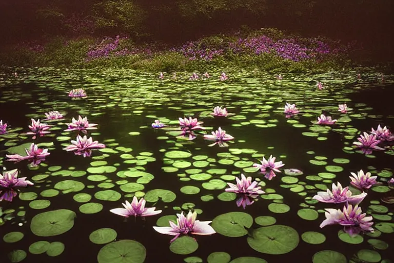 Prompt: hyperrealistic dark colour photograph of a woman's face floating in a pond, surrounded by a forrest of lillies, deep focus, intricate, elegant, highly detailed, matte, sharp focus, photography by bill henson