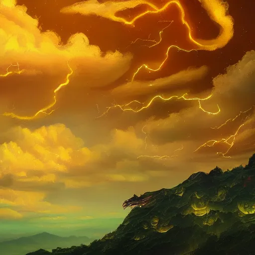 Prompt: beautiful oil painting of golden eastern dragon alone in sky, green lightning, night clouds, above city, high detail, trending in artstation