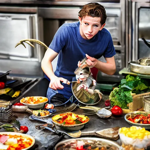 Prompt: variety - first picture of live action ratatouille shows tom holland with a real live rat on his chef's hat ( eos 5 ds r, iso 1 0 0, f / 8, 1 / 1 2 5, 8 4 mm, postprocessed, bokeh )