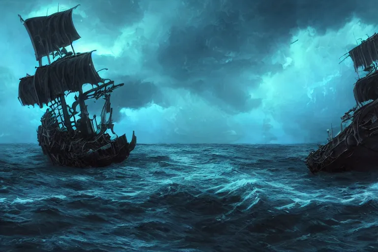 Prompt: a wrecked pirate ship on the reef, hostile rocks, storm, lightnings, dark atmosphere, by John Howe, 4K, unreal engine 5, teal and dark blue color scheme, darker