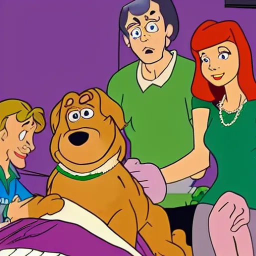 Prompt: scooby - doo on deathbed, freinds and family surround him with love, shaggy holding his paw, hospice, hannah barbera, animated tv show