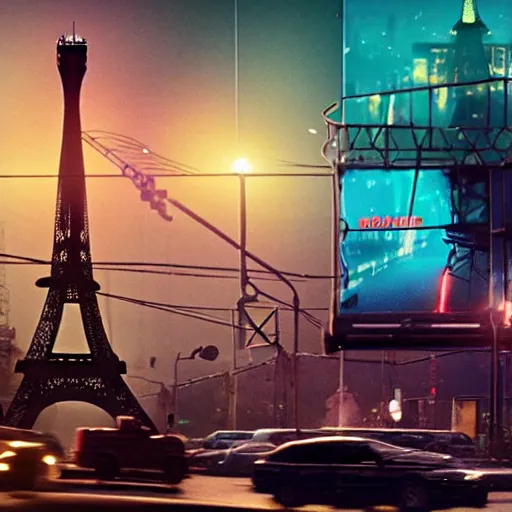 Image similar to A beautiful intricate 8K award-winning ground-level cinematic movie photograph of the future destroyed and decaying Eiffel Tower made of neon, surrounded by broken corporate video billboard displays. in the year 2050, by Bruno Delbonnel and greg rutkowski. Arri Alexa 65, IMAX 70mm footage. Dirty billboards. Cinematic lighting