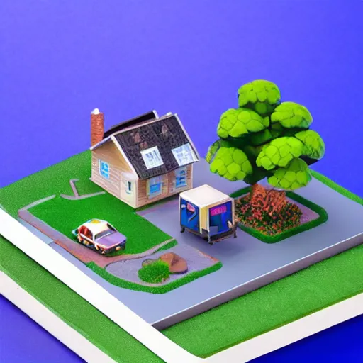 Image similar to small cute mobile game house, 1 0 0 mm, isometric, diorama, blue background,