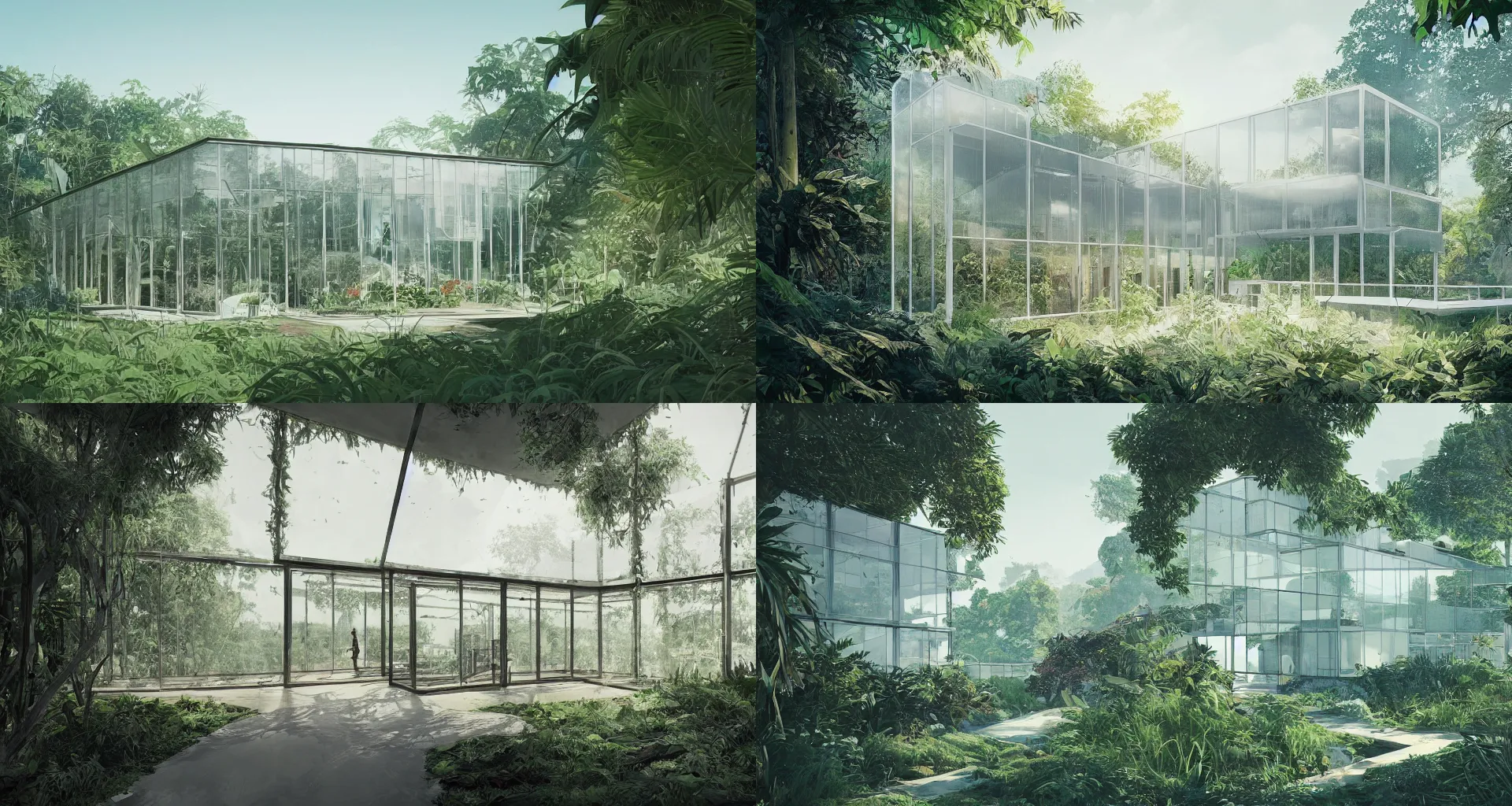 Prompt: a beautiful detailed architecture art of modern glass house connected with nature overgrown vegetation cinematic landscape by aenami alena, by greg tocchini, by james gilleard, by joe gb fenton, by kaethe butcher, dynamic lighting, vibrant, detailed environment, clean, grunge aesthetic, octane render, artstation