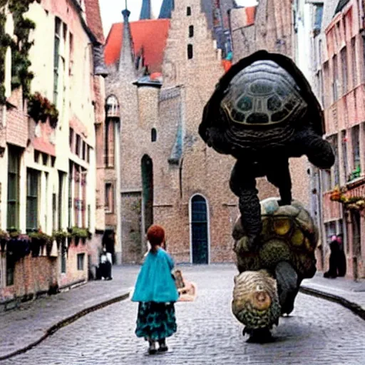 Image similar to A still of a little girl riding on top of a giant tortoise through the streets of Bruges, from the Miyazaki anime movie