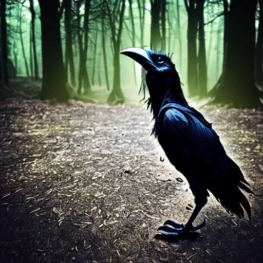 Image similar to werecreature consisting of a human and crow, photograph captured in a forest