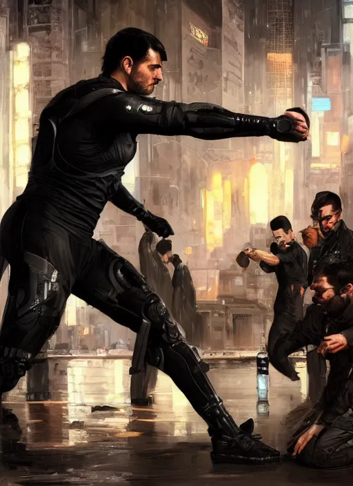 Prompt: bruce wayne teaching self defense. cyberpunk mercenary in a cyberpunk jumpsuit ( blade runner 2 0 4 9, cyberpunk 2 0 7 7 ). orientalist portrait by john william waterhouse and james gurney and theodore ralli and nasreddine dinet, oil on canvas. cinematic, hyper realism, realistic proportions, dramatic lighting, high detail 4 k