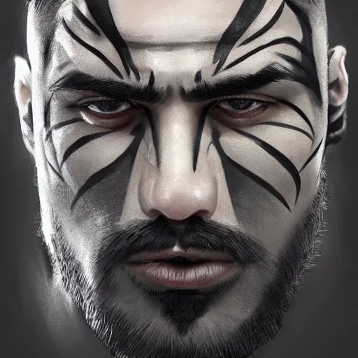 KREA - Beautiful face Portrait of very manly Gigachad with very big jaws,  original Gigachad, big eyebrows, colorful face painting on grey scale face,  powerful , magic, thunders, dramatic lighting, intricate, wild