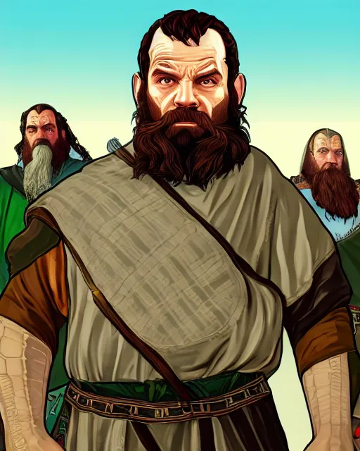 Image similar to Gimli from Lord of the rings in GTA V, Cover art by Stephen Bliss, boxart, loading screen, 8K resolution