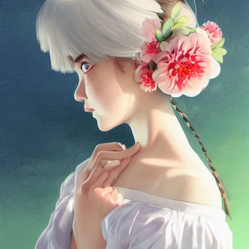 Image similar to little girl with flowers in hair wearing an white dress, art by ilya kuvshinov, profile picture, inspired in hirohiko araki, realistic, highly detailed