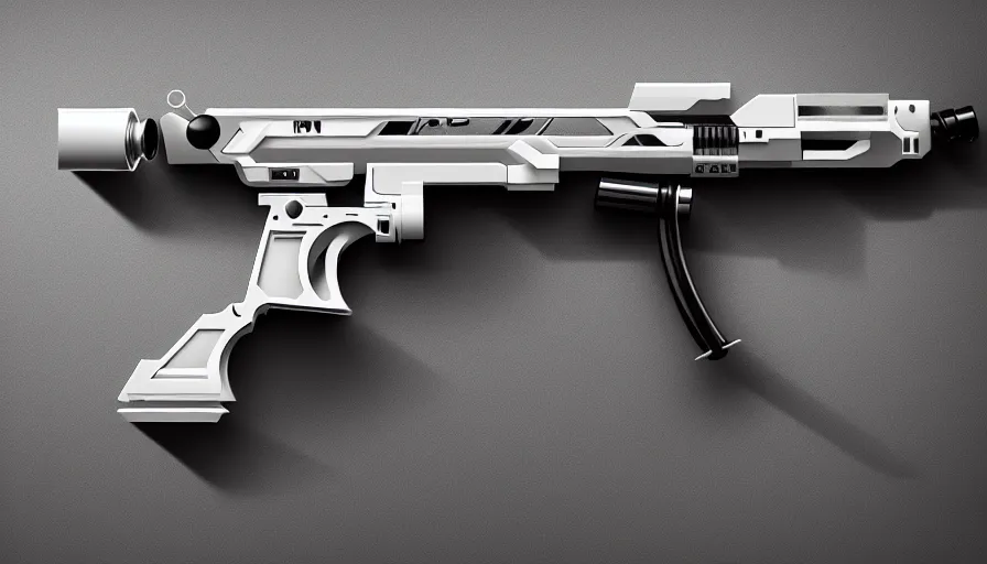 Image similar to extremely detailed ultra realistic photographic side view minimalist magnum pistol coilgun, detailed trigger, chemically propelled, battery, smooth streamline, battery and wires, railgun, chemrail, gauss, elegant sleek smooth body, white paint, smooth utopian design, ultra high quality, octane, artstation, destiny, warframe, terminator