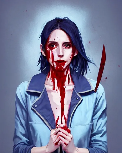 Image similar to loish, artgerm, Joshua Middleton art, Rafeal Albuquerque, pretty Alison Brie serial killer holding bloody knife in right hand realistic hand, blood on clothes and face, sarcastic smile, symmetrical eyes, symmetrical face, jean jacket, jeans, short blonde hair, middle shot, night time, deep blacks