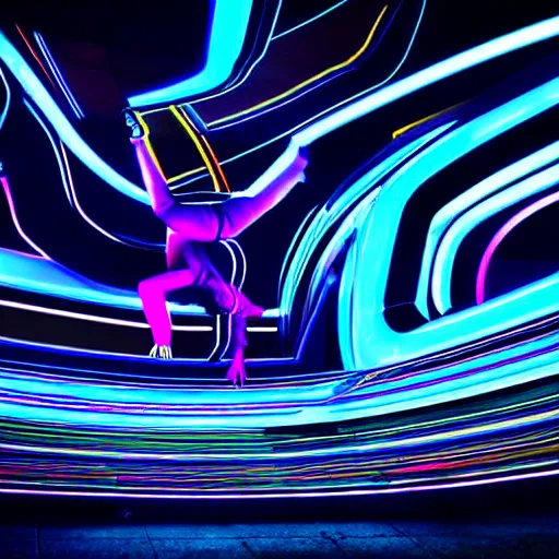 Prompt: break dancer of neon lights, long exposure shot, tron, cinematic view from lower angle, design, adobe