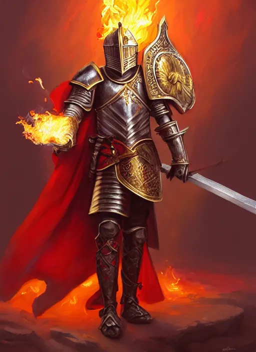 Image similar to a _ fantasy _ style _ portrait _ painting _ of knight with red plume, gold sword and big shield, fire background, firey environment, oil _ painting _ unreal _ 5 _ daz. _ rpg _ portrait _ extremely _ detailed _ artgerm _ greg _ rutkowski _ greg