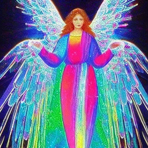 Prompt: “ most beautiful angel made of transparent colorful crystals descending from a cloud ’ s colored rays of lights emanating from angel ”