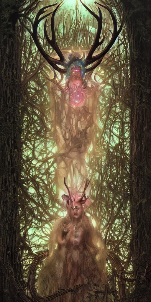 Image similar to intense bioluminescent pagan god with antlers and fangs and intense glowing eyes in very dark forest by mark ryden and alphonse mucha, portrait, fantasy, clear, light beams, lens flare, intense, uhd, amazing depth, cinematic lighting