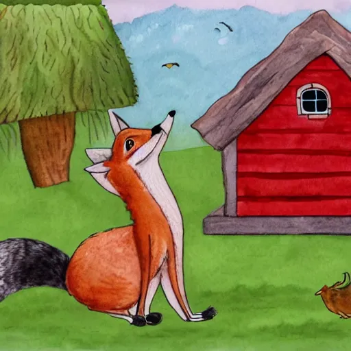 Image similar to a smug red fox in front of a hen house, watercolor illustration,