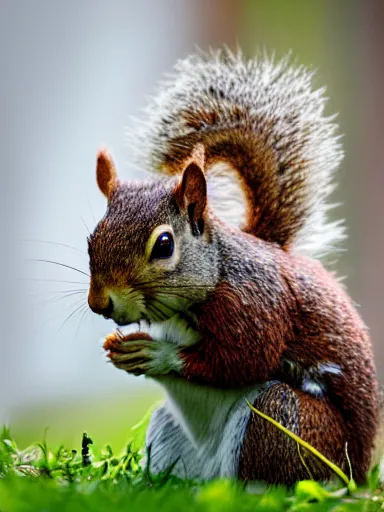 Prompt: the squirrel king, extremely plump, wearing crown of acorns and dandelions, servant squirrels, king arthur's court, game of thrones, sitting on throne, low angle, palace, fantasy art, cinematic lighting, realistic, sony 2 4 mm f 4. 0