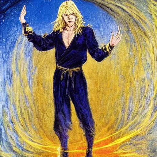 Prompt: a blond male wizard with long hair, fair skin, blue eyes, smiling, a tear falling from his eye, as he casts a spell that emanates golden light, impressionist style