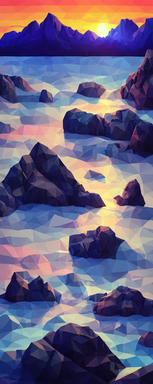 Image similar to super detailed color lowpoly art, northern sunset with rocks on front, monochrome photorealistic bay in the middle of perspective and mountains at background, big graphic vessel in the middle of composition, unreal engine, high contrast color palette, 3 d render, lowpoly, colorful, digital art, perspective, full volume composition, robb cobb, robert mccall, syd mead