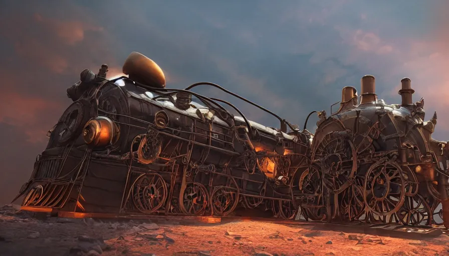 Image similar to steampunk locomotive, cinematic, low angle, dramatic lighting, artstation, cgsociety, octane render, blue leds