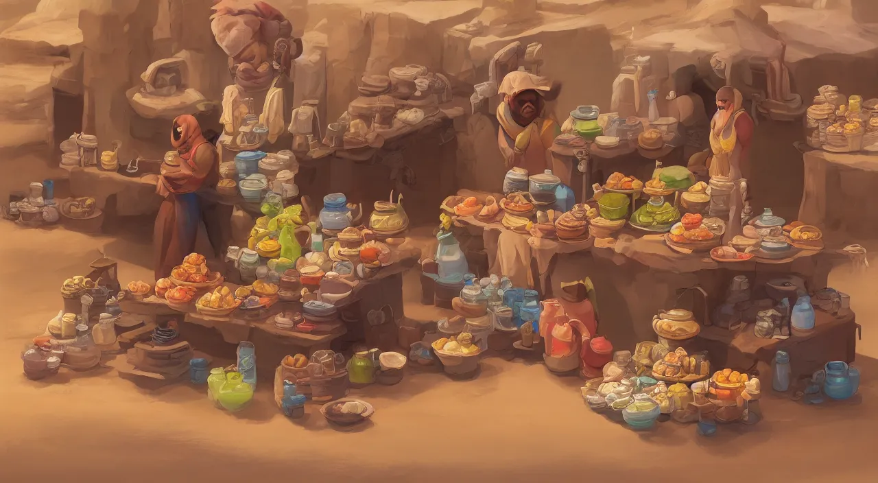 Image similar to A desert shopkeeper selling canteens, trending on artstation