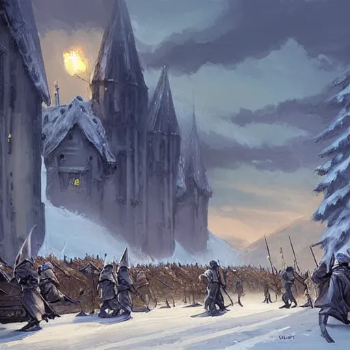 Image similar to an army marching in winter, frost, medieval soldiers marching, fantasy concept art, by andreas rocha