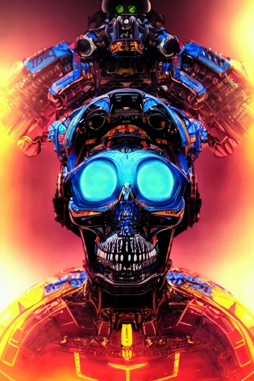 Prompt: a dramatic full-color futuristic skull ,godlike and stoic, with dull glowing eyes, extremely detailed cybernetic engraved armor and intricately detailed mecha helmet, perfectly symmetrical facial structure and framework, beautiful yet brutal alien facial features of cybernetic themes, by josh nizzi and steve jung and vitaly bulgarov, dark sci-fantasy, deeply ornate complexity, human anatomy mixed with transformer and cyborg characteristics, sci-fi character concept, photorealism, art nouveau framing, stunning lighting, hyperrealism, 8k