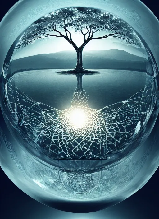 Image similar to transparent horizontally centered crystal sphere floating over a serene lake, tree of life inside the ball, intricate details, radiant light, reflections on the water, ripples, moody sky, hyperdetailed illustration by yuumei, by mark brooks, john harris, artstation, low global light, coherent composition