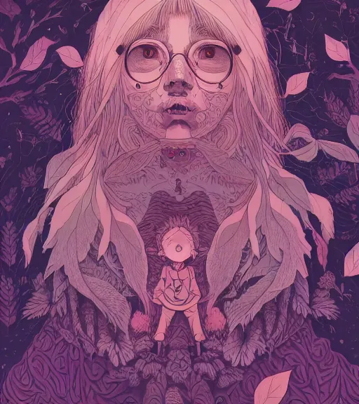 Image similar to portrait, nightmare anomalies, leaves with howl by miyazaki, violet and pink and white palette, illustration, kenneth blom, mental alchemy, james jean, pablo amaringo, naudline pierre, contemporary art, hyper detailed