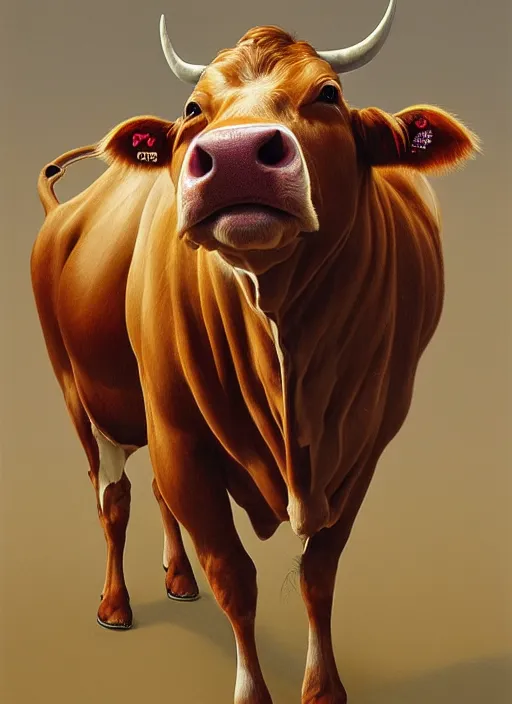 Image similar to portrait of cow, highly detailed, centered, solid color background, digital painting, artstation, concept art, smooth, sharp focus, illustration, artgerm, donato giancola, Joseph Christian Leyendecker, Les Edwards, Ed Repka, WLOP