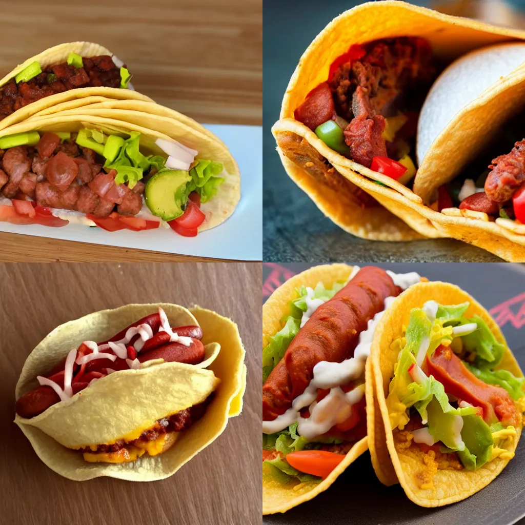Prompt: a taco shell with a hotdog inside it