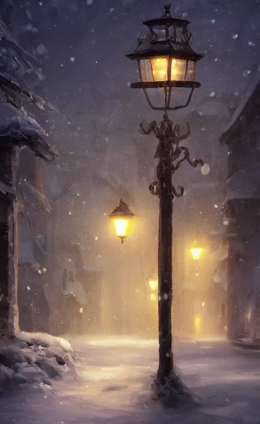 Image similar to a blurry ambient lantern in the distance of a snowy village at night, dynamic lighting, ambient lighting, atmospherical, photorealistic fantasy concept art, trending on art station, stunning visuals, creative, cinematic, ultra detailed