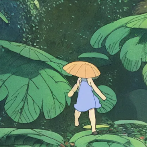 Prompt: Tiny human using leaf as an umbrella in giant garden, by Studio Ghibli, cinematic