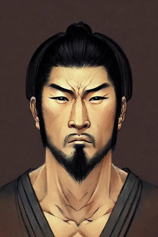 Image similar to face portrait of a handsome and muscular japanese ronin with masculine facial features, short messy hair, and wearing a haori, by brom, frank frazetta, and greg rutkowski, samurai, sengoku era, feudal japan, digital painting, sharply focused, centered, rule of thirds, trending on artstation, concept art, ultra high detail, ultra realistic