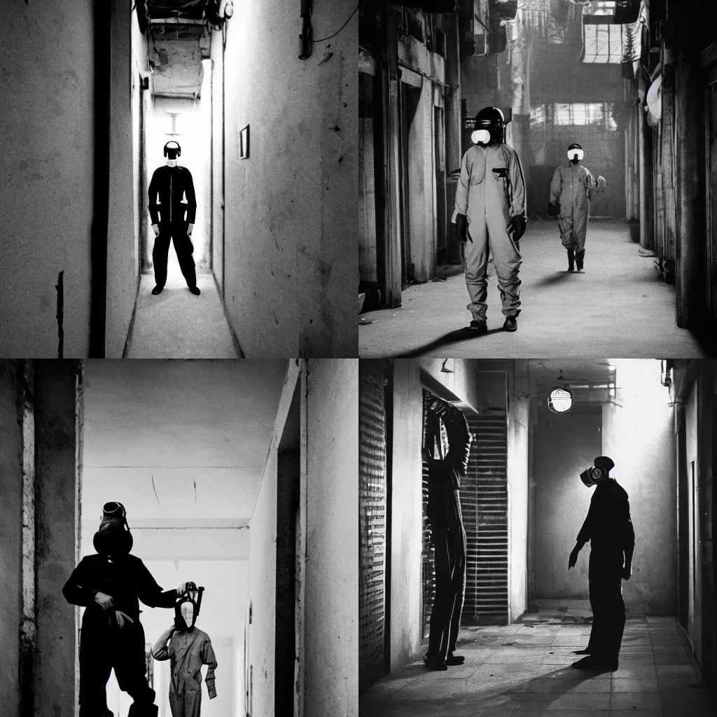 Prompt: A photograph of a very tall lanky hunched over man in a GP-5 gas mask and a flight suit, inside the halls of the Kowloon Walled City. Film Noir. High Contrast. Black and White.