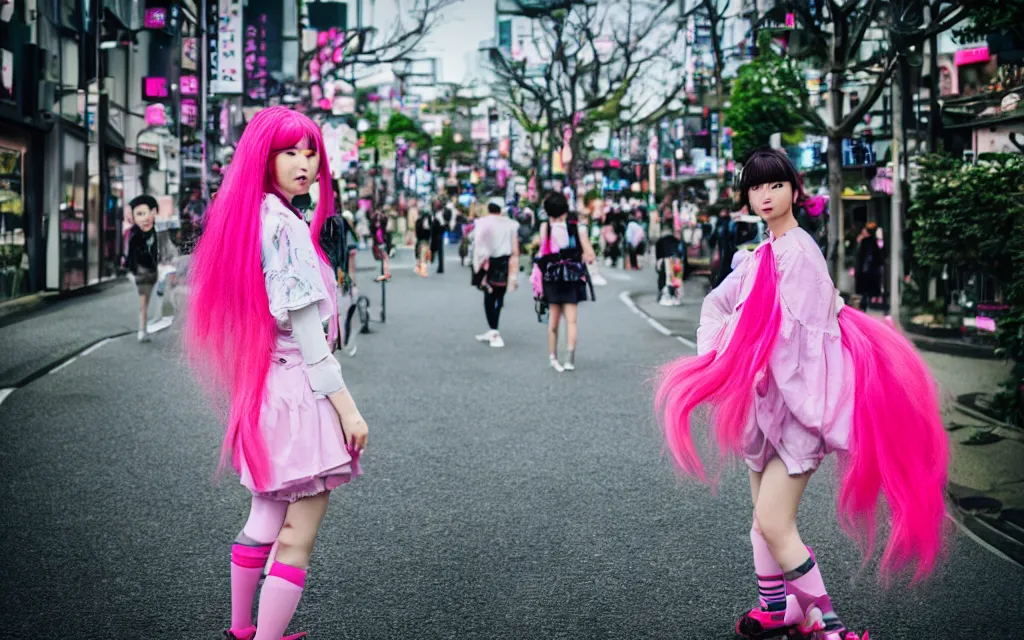 Image similar to a full body portrait of a harajuku girl with pink hair , in the background is Shinjuku Tokyo, daytime Ghibli studio, Bokeh, depth of field ,