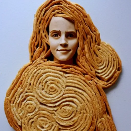 Image similar to a sculpture of emma watson made out of bread as a kids drawing