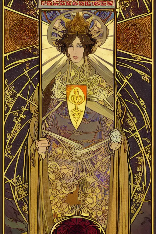 Image similar to tarot card, the emperor, medieval, super detailed, ornate, by alphonse mucha, artstation, symmetry, cold colors, art nouveau, 8 k