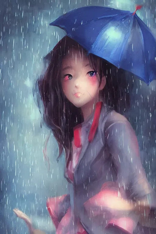 Image similar to cute girl in the rain under an umbrella, by wlop, concept art, poster, sailor moon artstyle