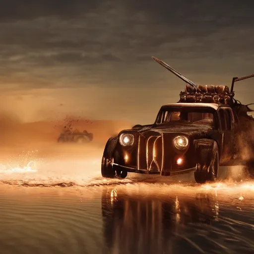 Image similar to mad max vehicle with skis as wheels driving on water on a desert lagoon, cinematic, intricate lighting, atmosphere, highly detailed, sharp focus, movie still