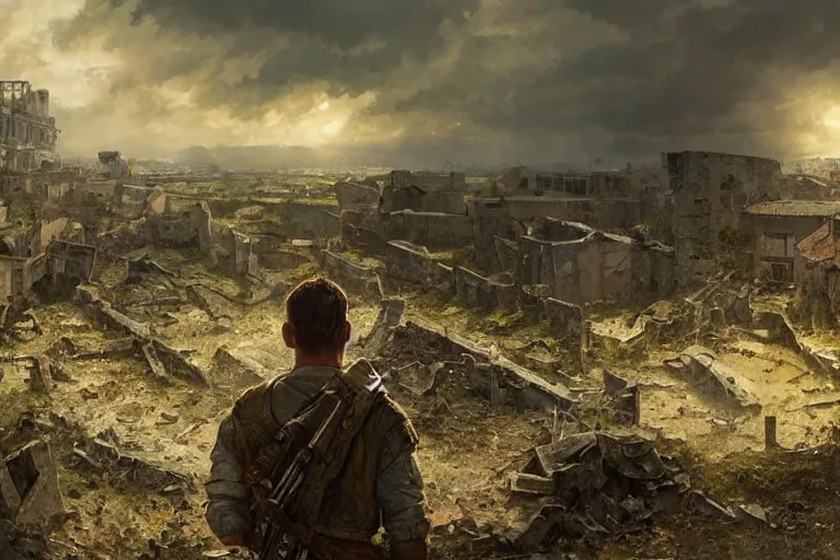 Image similar to a scenic landscaping view of a lone military soldier standing in the ruins of the city, ray of sunlight, powerful clouds, Greg Rutkowski, Moebius, Bill Sienkiewicz, Alphons Mucha, countryside color scheme, ultra wide angle, ultra detailed, light effect