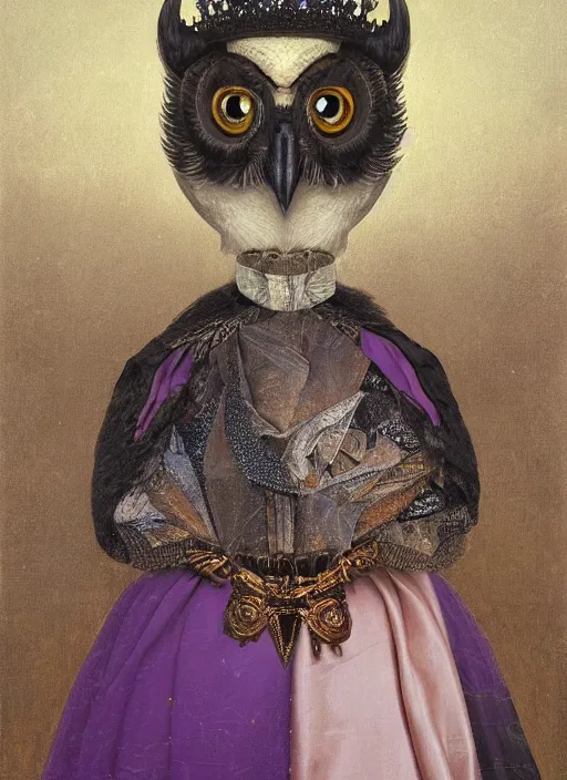 Image similar to close-up portrait of anthropomorphic owl Prince, man with a head of barn owl, glowing eyes, in a crown, wearing long royal robe, lilac, silver, black, bokeh, blurred space, stars, dreamy, romantic, painting in the museum, highly detailed, sharp focus, digital painting, artwork, by John James Audubon by Victor Adame Minguez by Yuumei by Tom Lovell by Sandro Botticelli