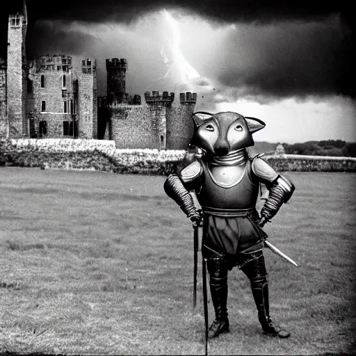 Image similar to anthropomorphic fox!! who is a medieval knight holding a swo - rd towards a stormy thundercloud [ 1 9 3 0 s film still ], ( castle in the background )