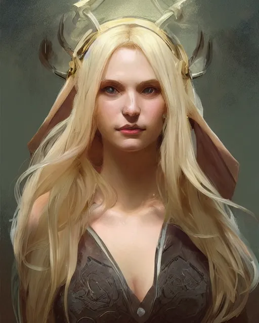 Image similar to '' Portrait of Beautiful blonde Slavic woman in her early 30’s, league of legends, LOL, fantasy, d&d, digital painting, artstation, concept art, sharp focus, illustration, art by greg rutkowski and alphonse mucha ''